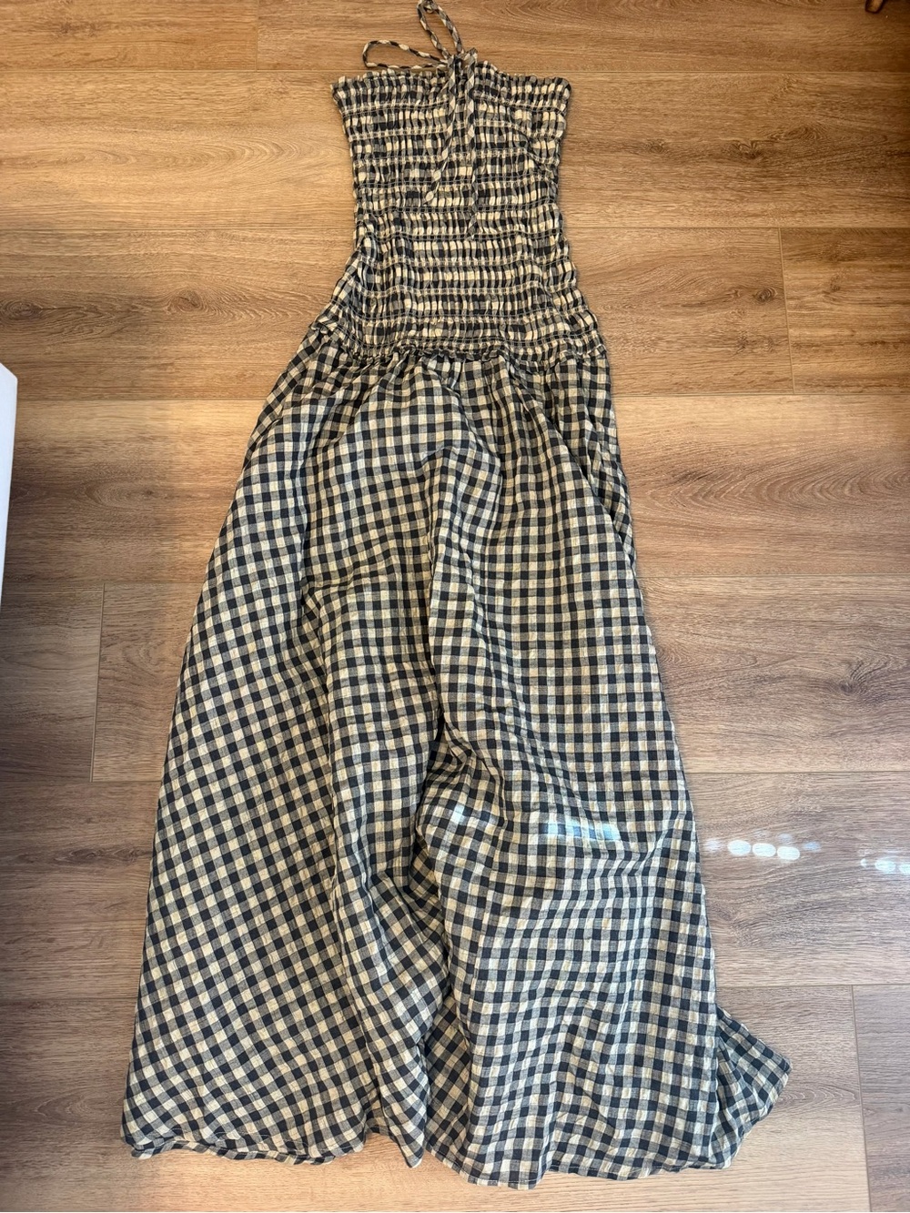 Smocked Gingham Maxi Dress - Black & Cream